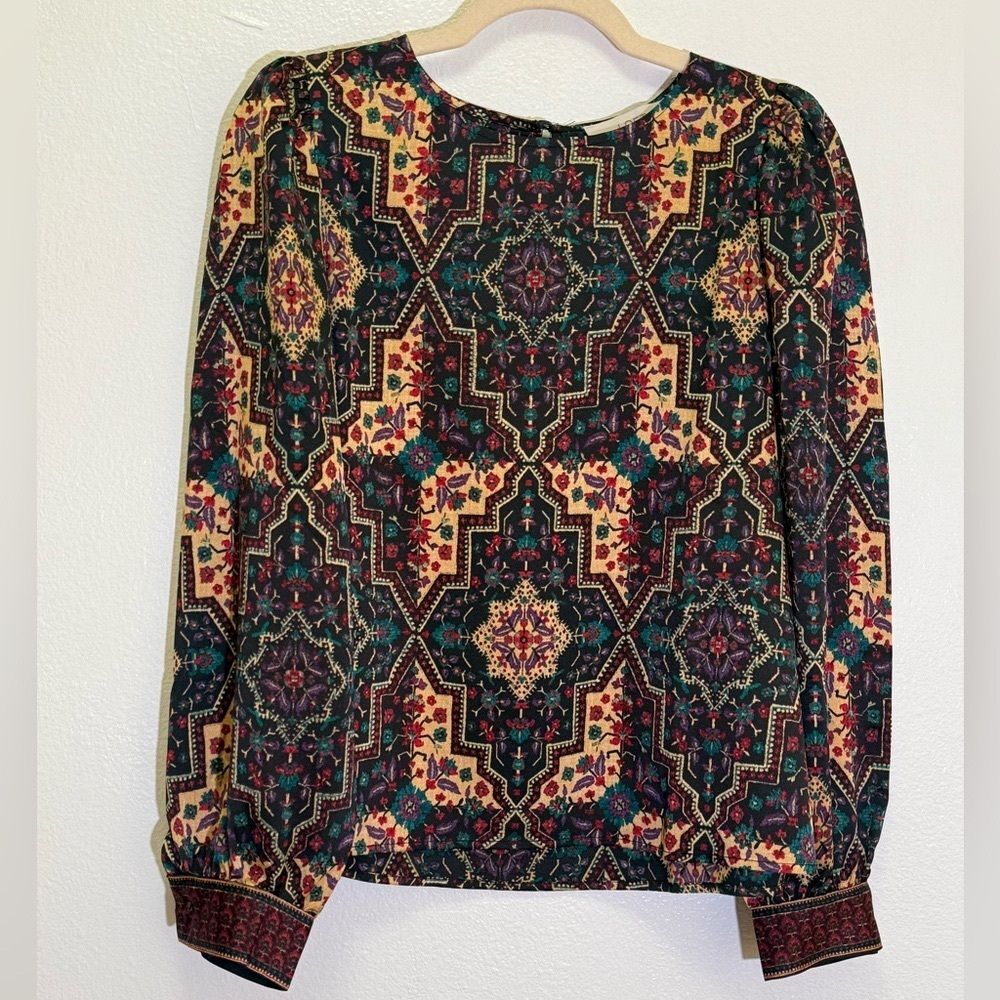 Loft - Multicolor Floral Geometric Bell Long Sleeve Blouse Top - size S (NWT)